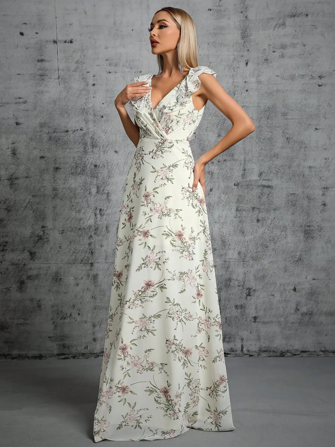 Damen Abendkleid Lang Gekräuselte Rotatorenmanschette Plissierter Rücken Elegantes Kleid für Hochzeiten und Bälle-5