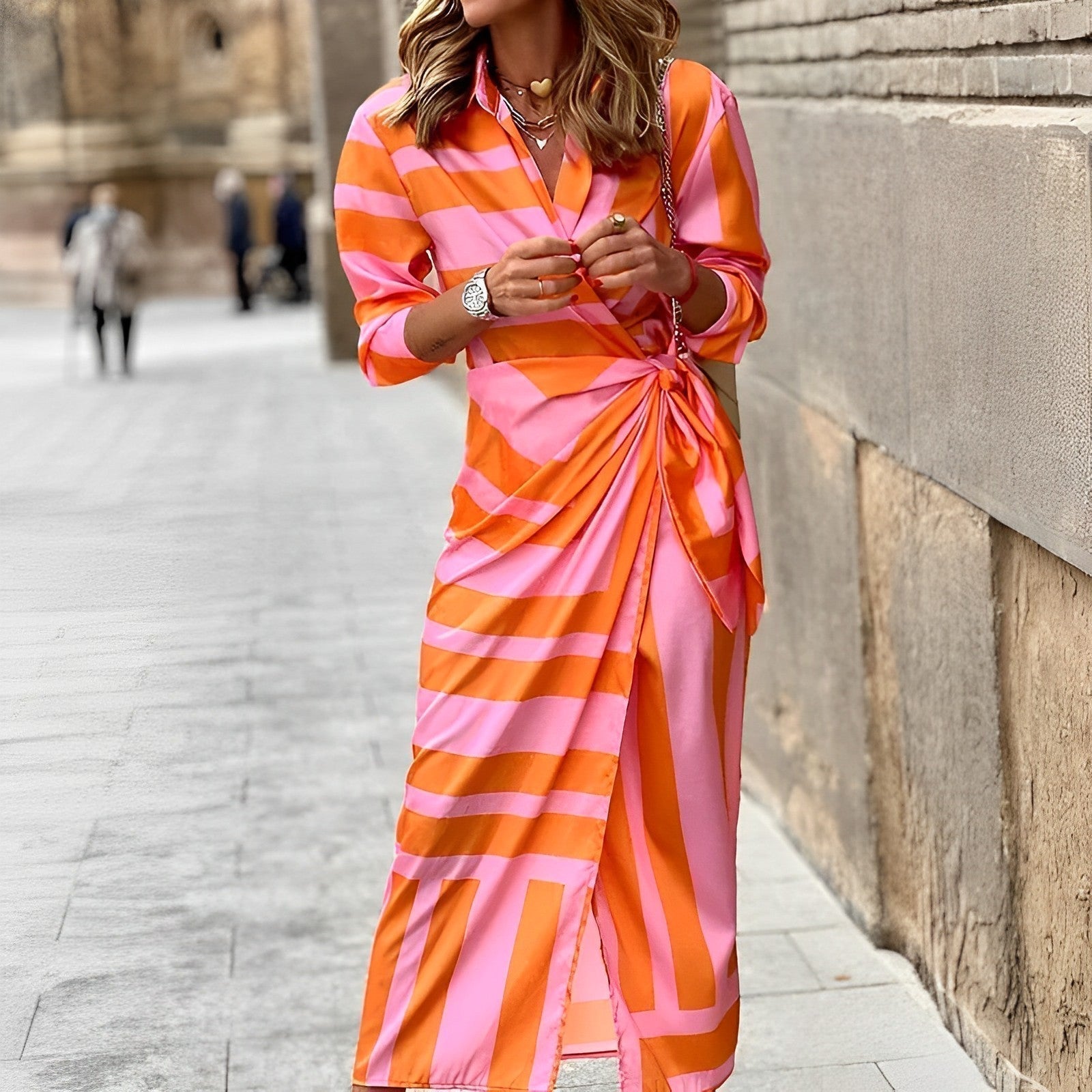 Damen Maxikleid Bunt V-Ausschnitt Langarm Festliches Kleid für Hochzeitsgast-1