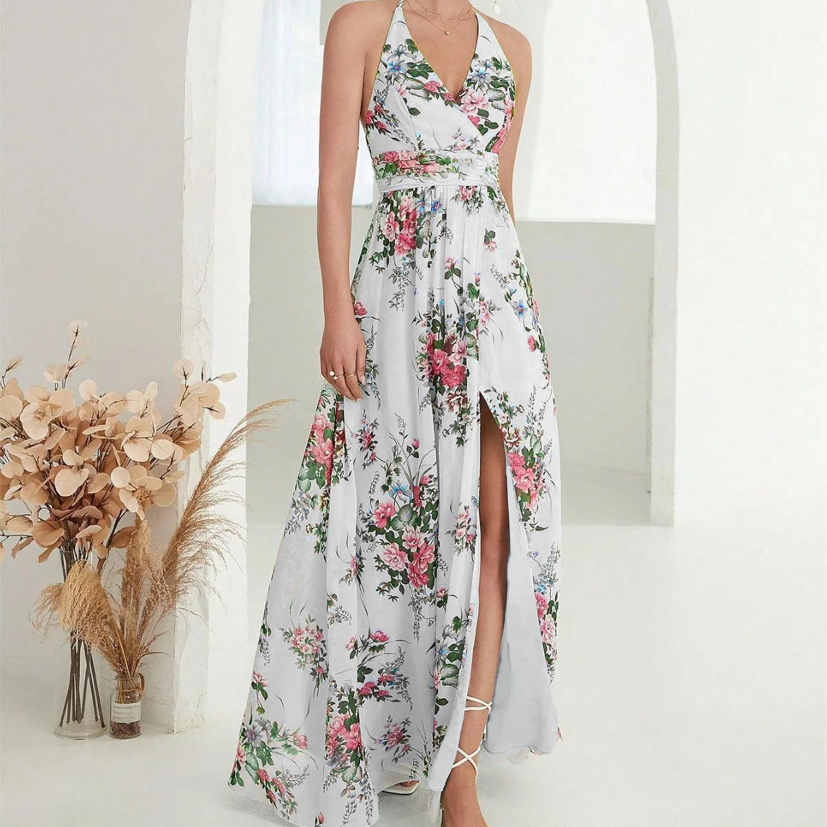 Variant image for Damen Chiffon Kleid Blumendruck Halfter V-Ausschnitt Sommer Elegant S M L XL-5