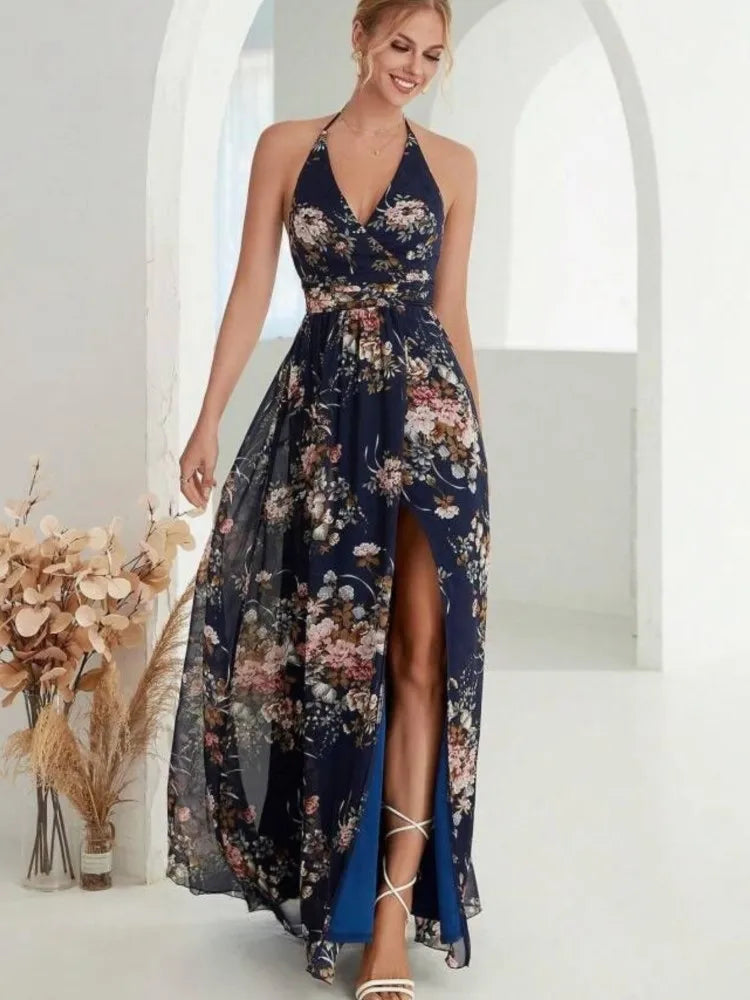 Damen Chiffon Kleid Blumendruck Halfter V-Ausschnitt Sommer Elegant S M L XL-1