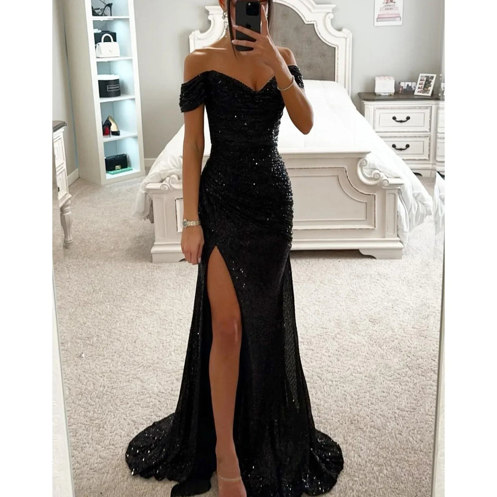Damen Partykleid Trägerlos Pailletten Hohe Taille Bodenlang Festlich Hochzeitsgast Kleid-5