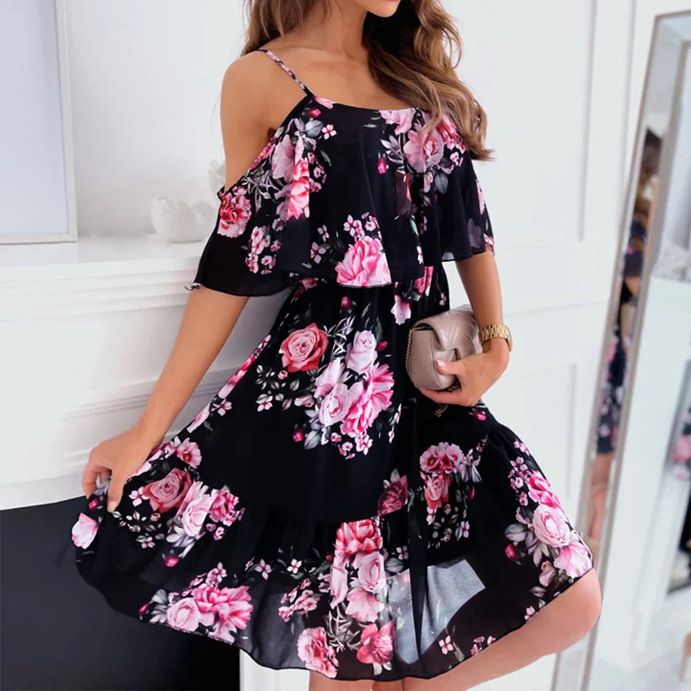 ELARA – Chiffon Kleid mit Blumenmuster und V-Ausschnitt