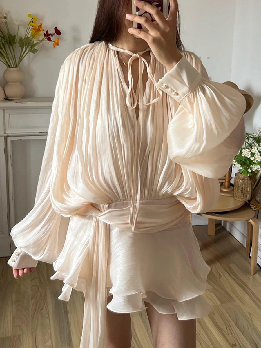 Damen Mini Kleid Langarm Einfarbig mit Schnürung für Frühling und Herbst-1