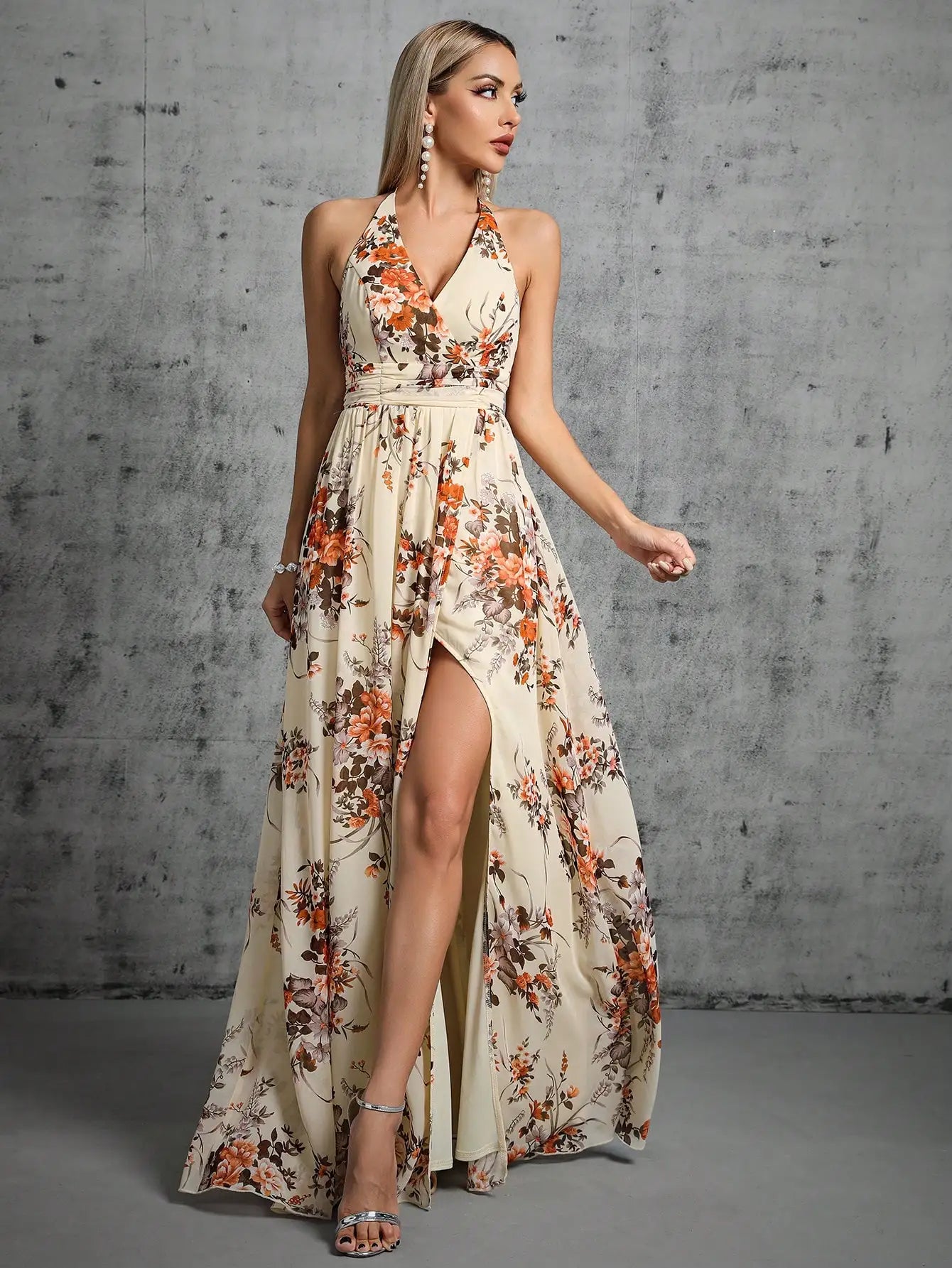 Variant image for Damen Ballkleid Schwarz Deep V Rücken Gurt Halfter Geteiltes Kleid für Partys und Hochzeiten-3