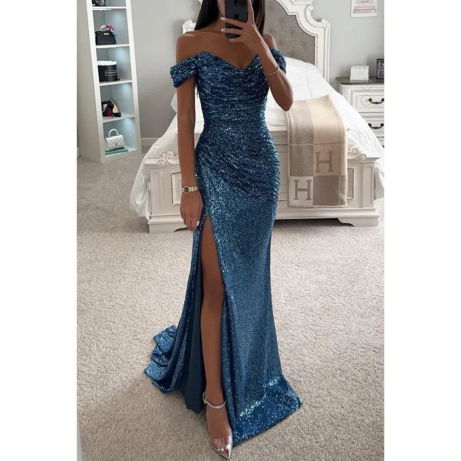 Damen Partykleid Trägerlos Pailletten Hohe Taille Bodenlang Festlich Hochzeitsgast Kleid-4