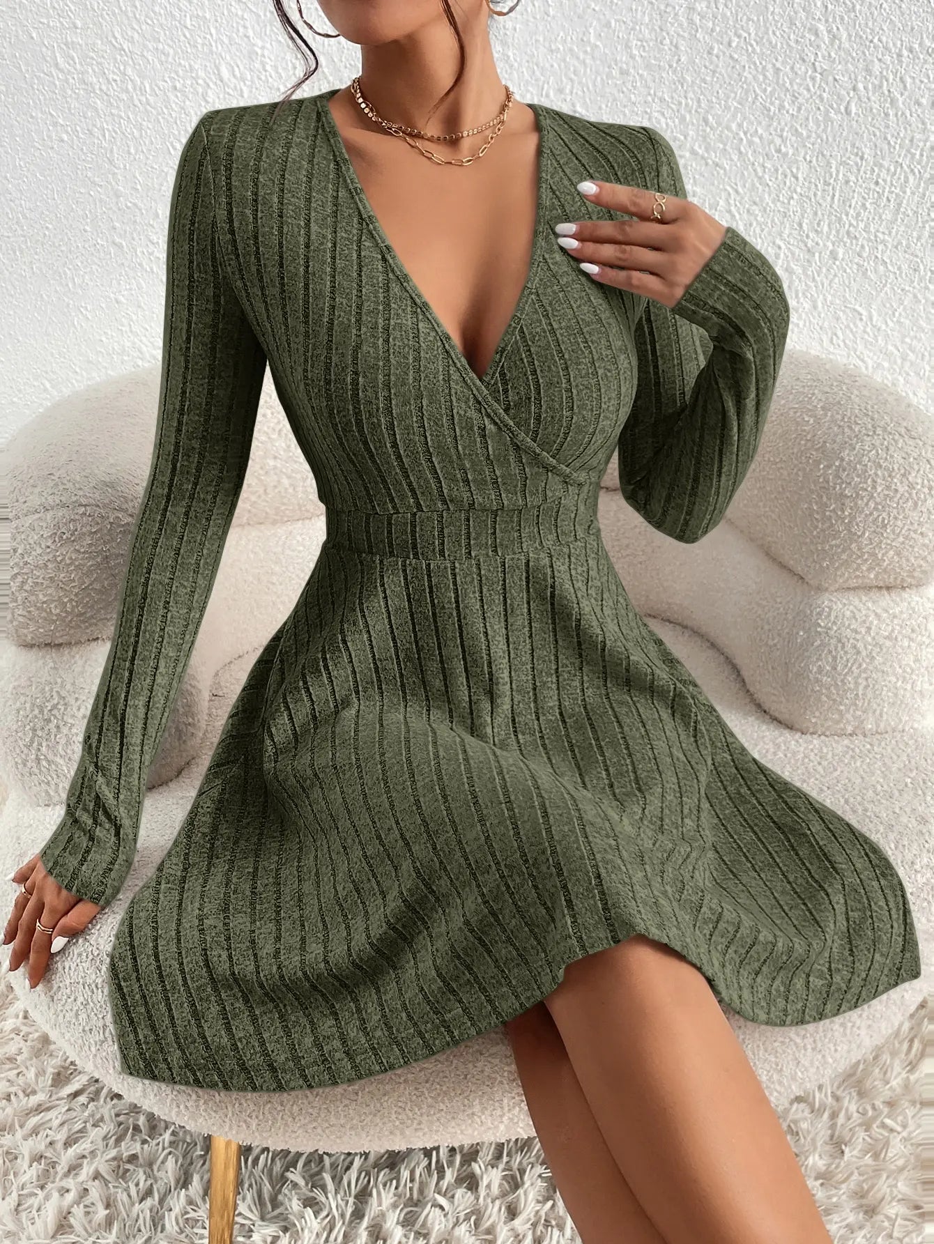 Variant image for Damen Abendkleid Langarm V-Ausschnitt Schwarz Midi Strick Kleid-3