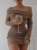 Damen Kleid Langarm Rosa Y2K Vintage Figurbetont Strickkleid für Winterpartys-5