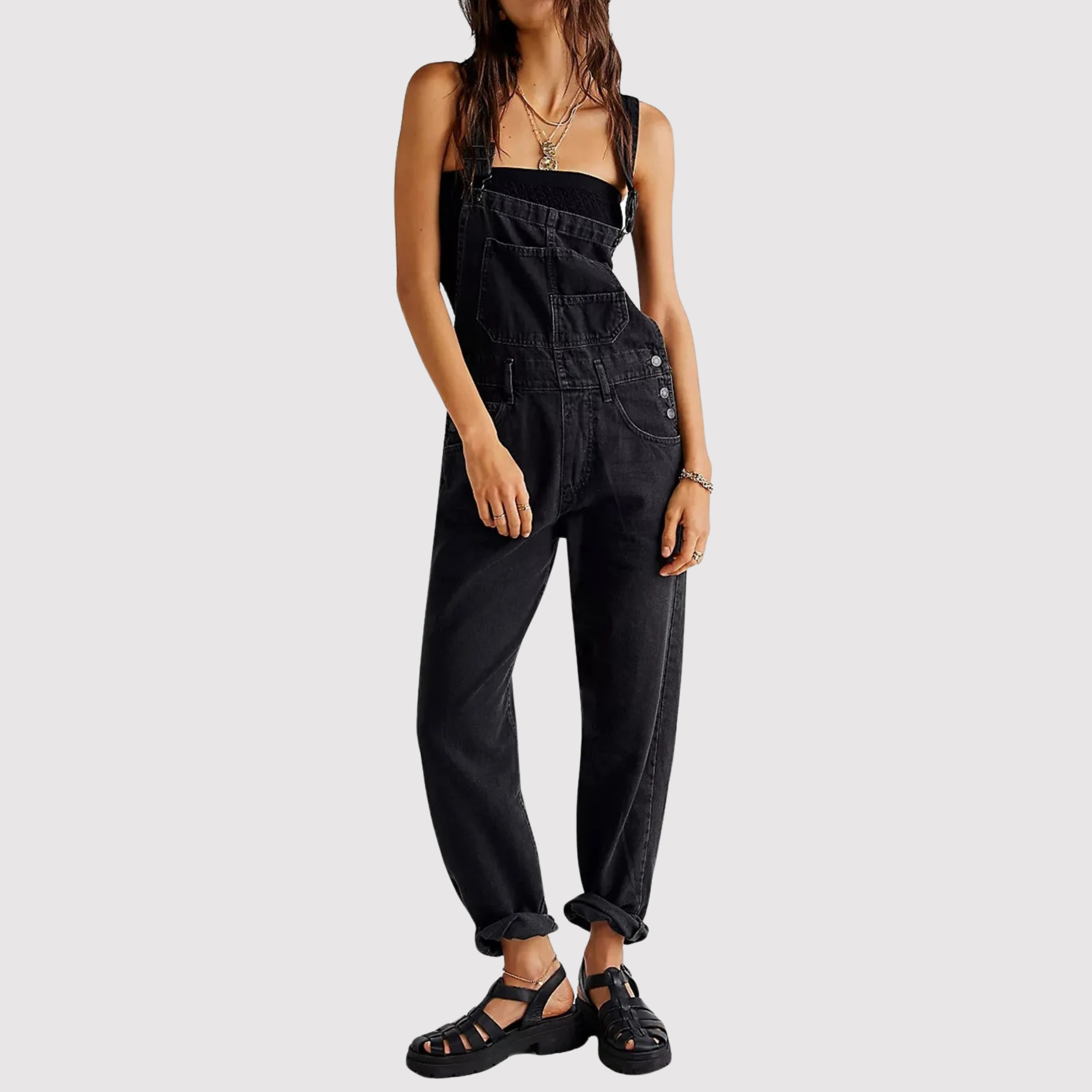 Damen Jumpsuit Schwarz Entspanntes Design U-Ausschnitt Haremstil Baumwolle Sommer-4