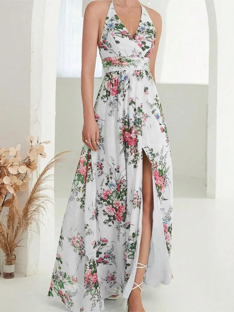 Damen Chiffon Kleid Blumendruck Halfter V-Ausschnitt Sommer Elegant S M L XL-2