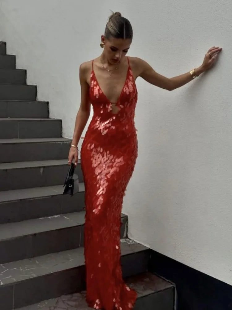 Damen Abendkleid Lang Glitzer Pailletten Spaghetti-Träger Rückenfrei Hohe Taille Bodenlang-3