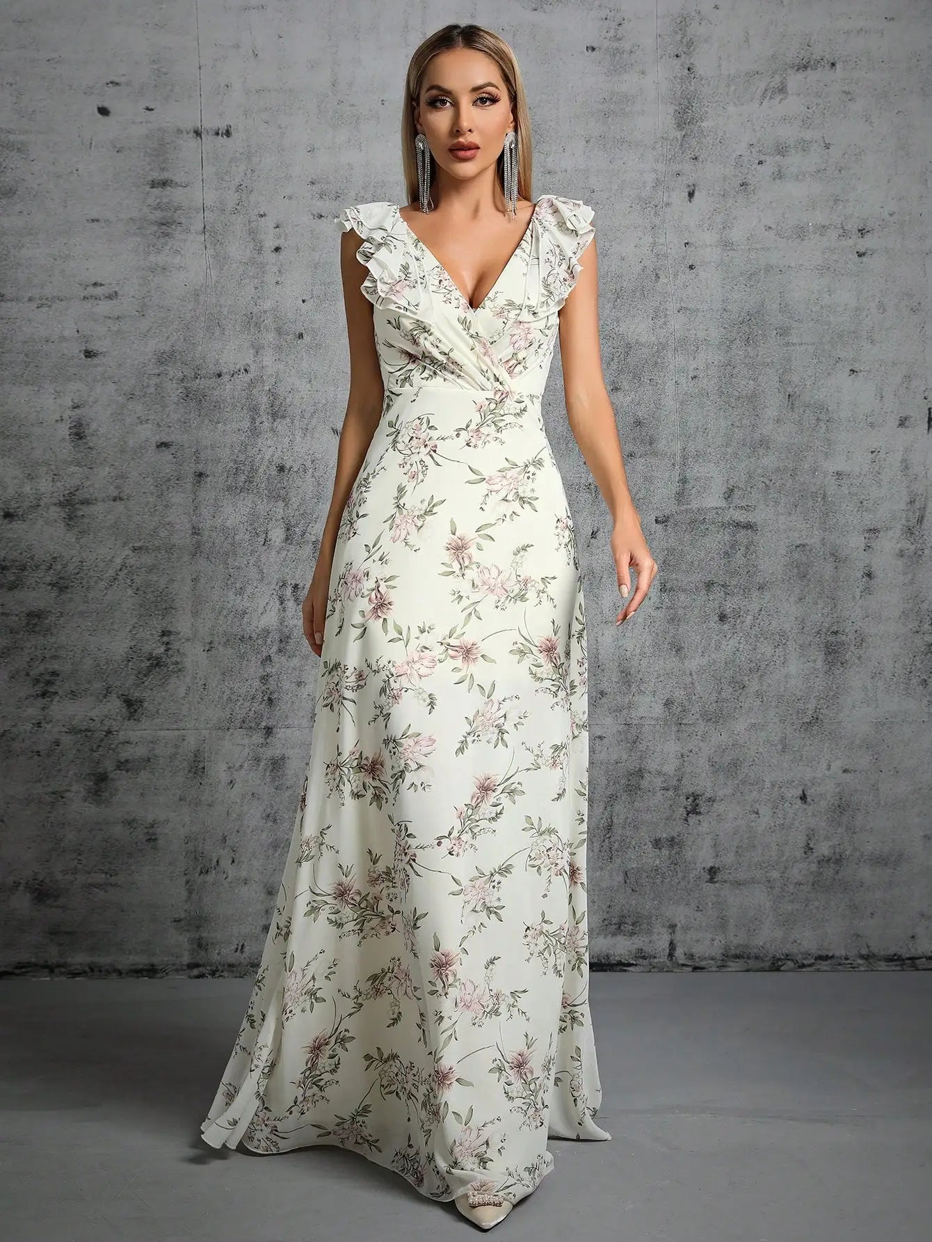Damen Abendkleid Lang Gekräuselte Rotatorenmanschette Plissierter Rücken Elegantes Kleid für Hochzeiten und Bälle-4