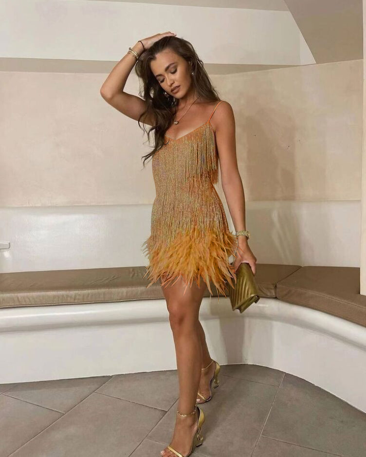 Damen Cocktailkleid Weiß Spaghettiträger Pailletten Federn Festlich für Hochzeiten-5