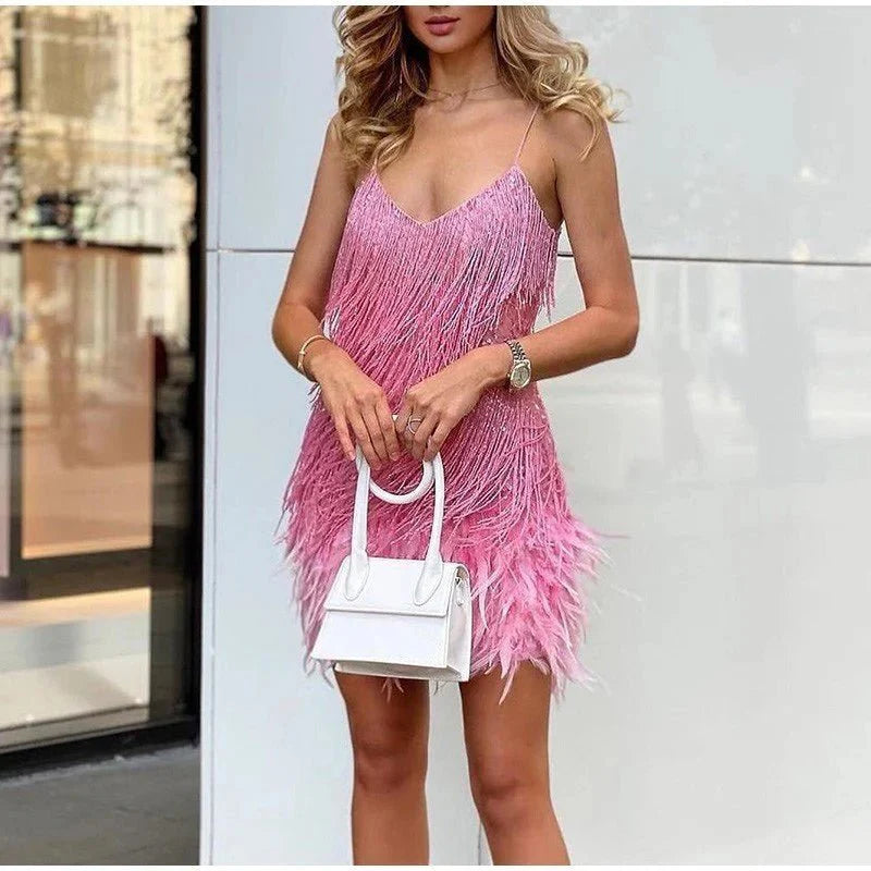 Damen Cocktailkleid Weiß Spaghettiträger Pailletten Federn Festlich für Hochzeiten-6