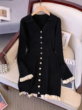 Damen Kleid Langarm V-Ausschnitt Mini Figurbetont Vintage Eleganz Baumwolle-1