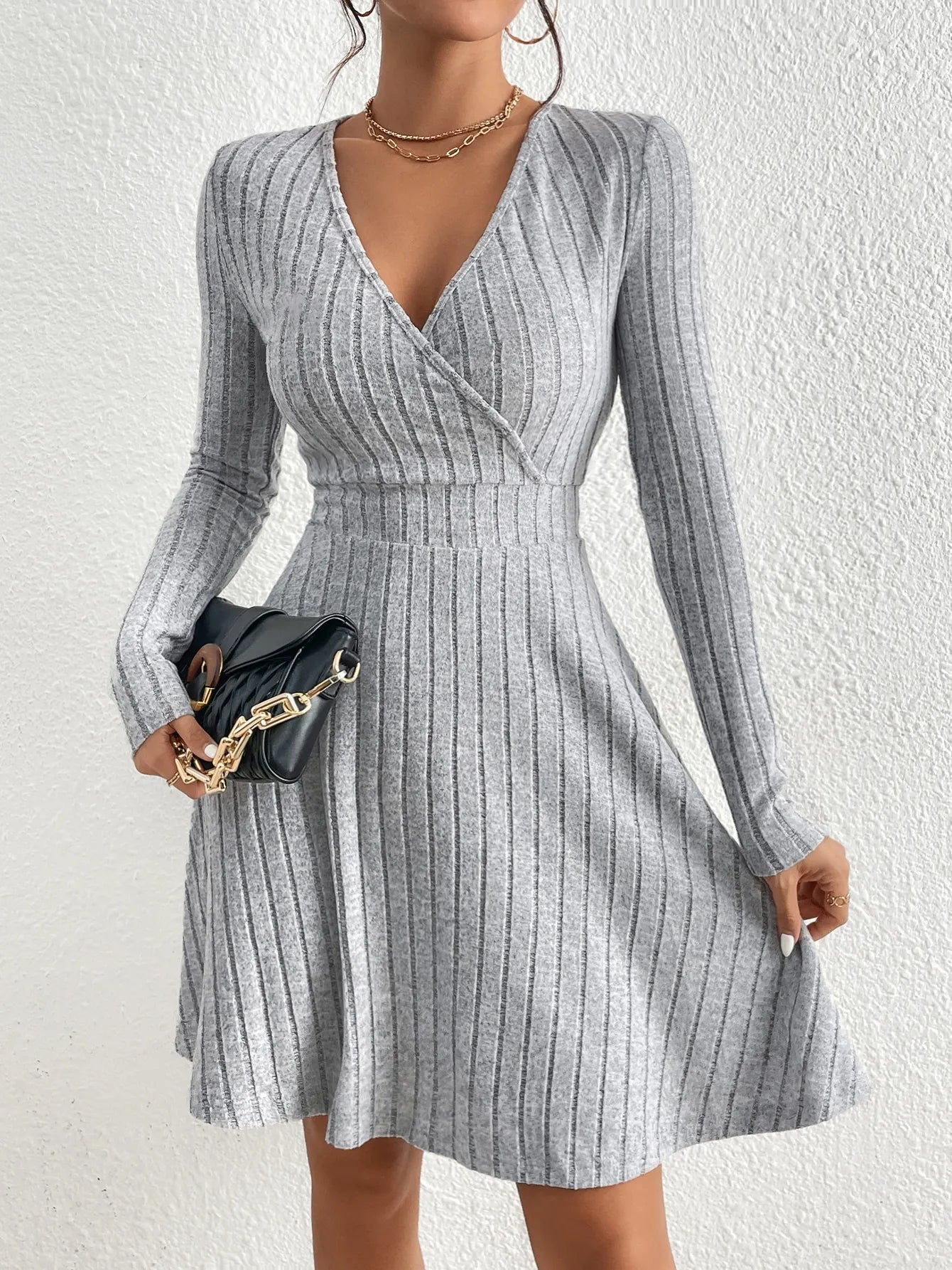 Damen Abendkleid Langarm V-Ausschnitt Schwarz Midi Strick Kleid-5