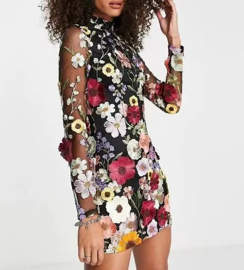 Damen Kleid Hochzeitsgast Ärmellos 3D Blumenstickerei Festliche Kleider S-XL-3