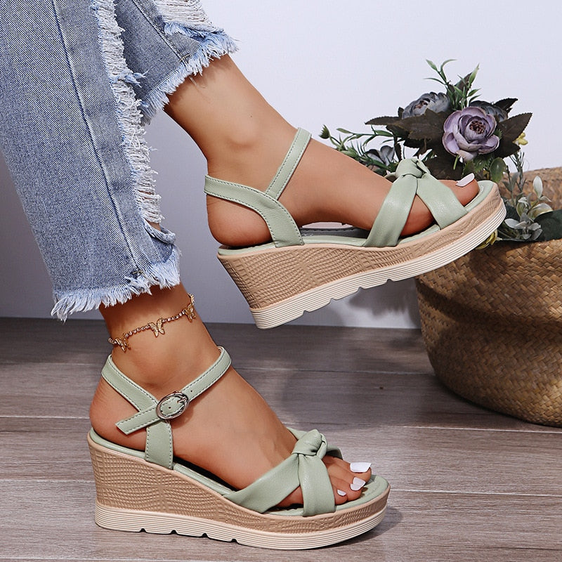 Damen Sandalen Keilabsatz Weiß Vegan Lederimitat Kreuzriemen 7 cm Absatzhöhe-6