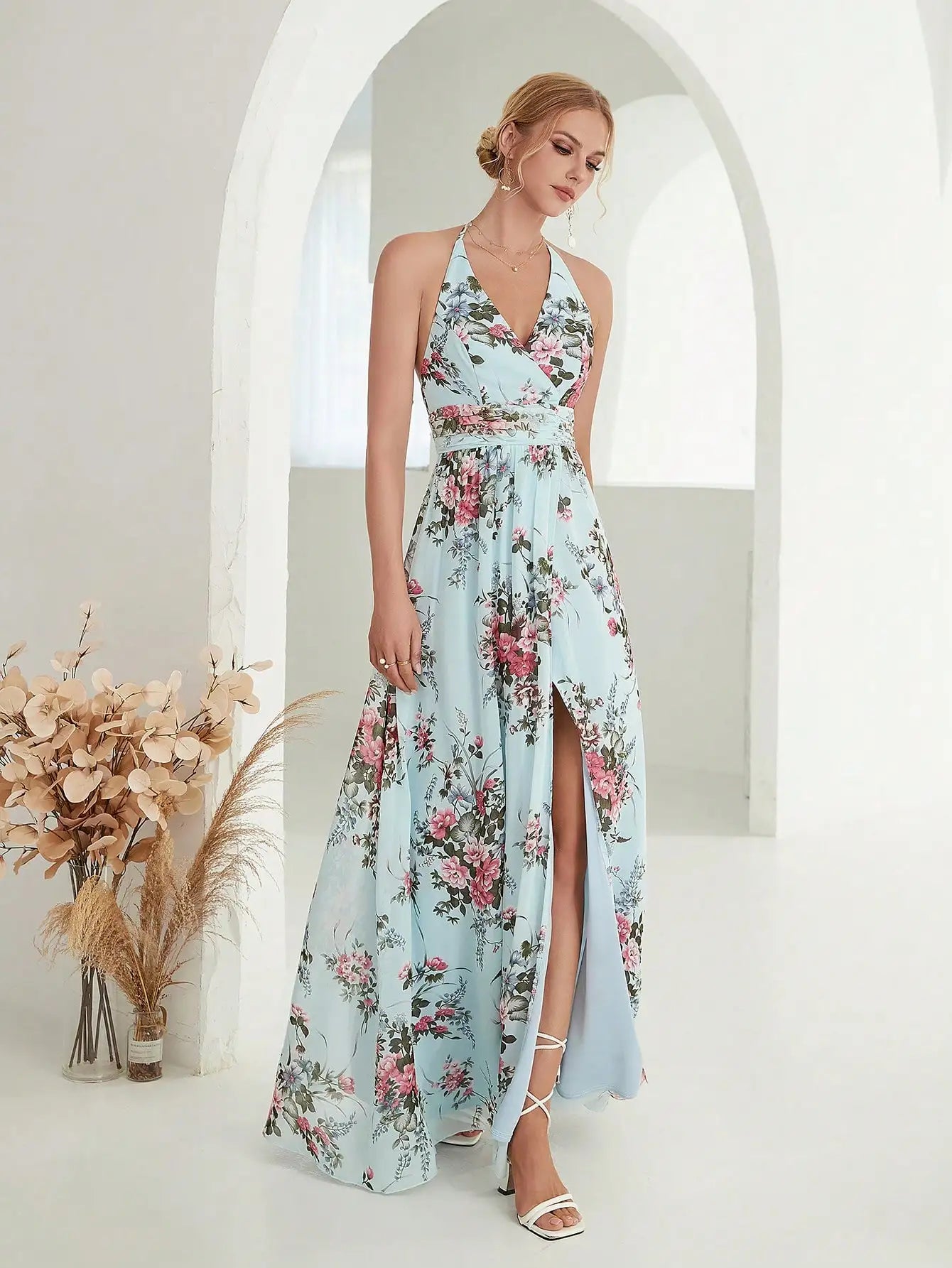 Variant image for Damen Ballkleid Schwarz Deep V Rücken Gurt Halfter Geteiltes Kleid für Partys und Hochzeiten-9