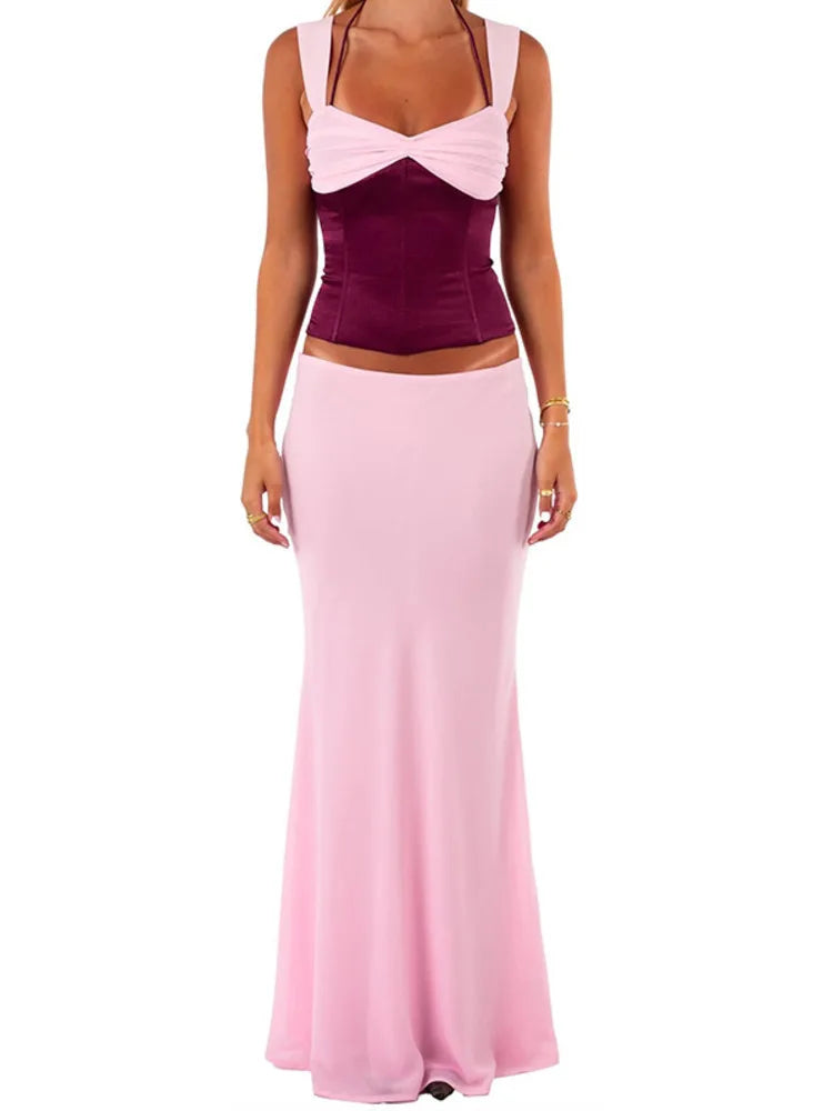 Damen Set Zweiteilig Patchwork Rückenfreies Oberteil Spaghetti-Träger Langer Rock Enganliegend S M L XL-2