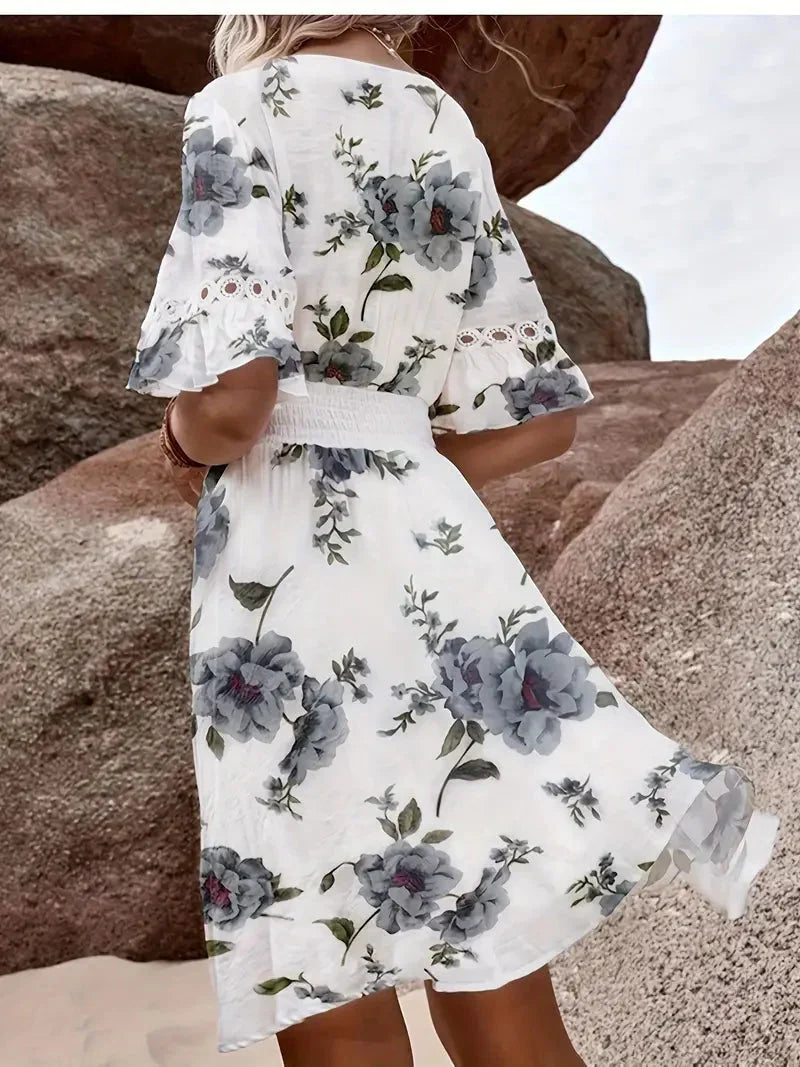 Damen Kleid Sommer Kurze Ärmel Blumig Weiß Spitze Baumwolle S-2XL-2