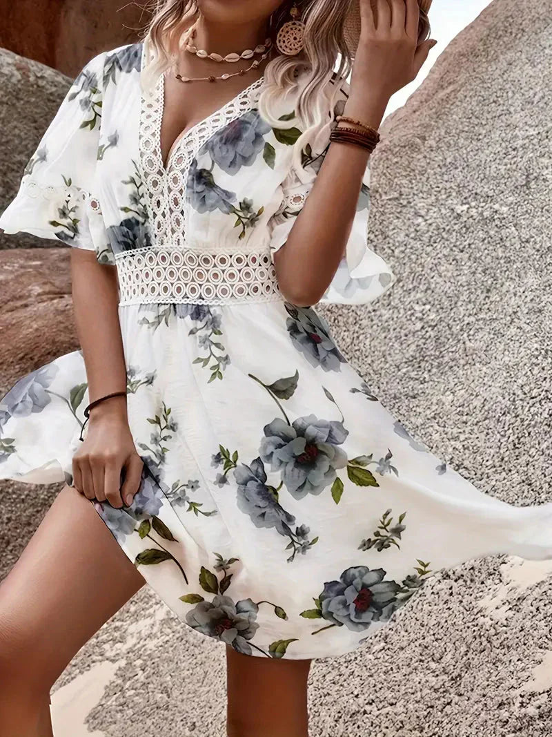 Damen Kleid Sommer Kurze Ärmel Blumig Weiß Spitze Baumwolle S-2XL-1
