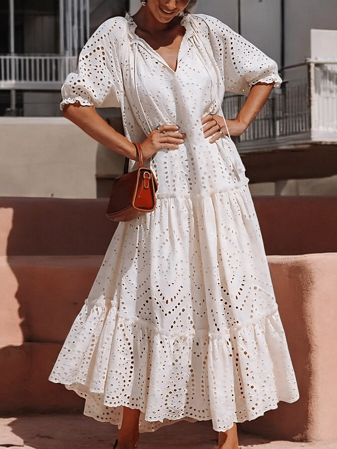 SOMMER CHIC – Baumwollkleid mit Bindegürtel und Volants