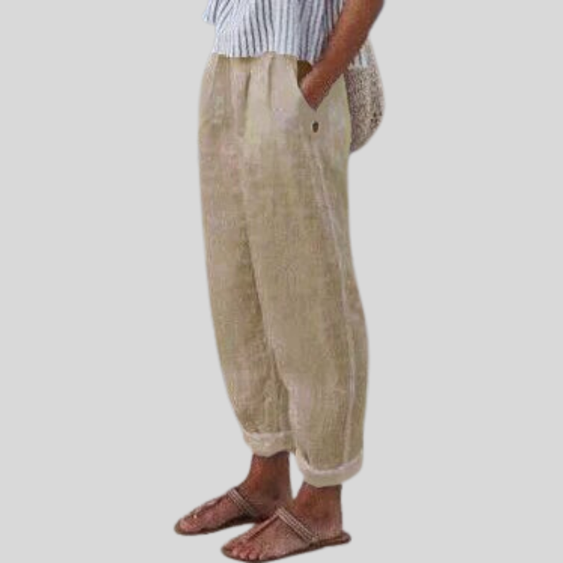 Herren Leinenhose Atmungsaktiv Faltensaum Beige Entspannt Sommer Casual-1