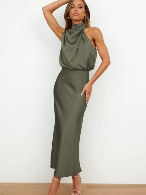 Damen Cocktailkleid Midilänge Satin Riemchen Stil Festlich Elegantes Kleid für Partys und besondere Anlässe-3