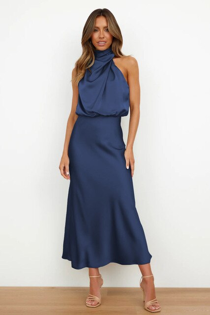 Damen Cocktailkleid Midilänge Satin Riemchen Stil Festlich Elegantes Kleid für Partys und besondere Anlässe-5