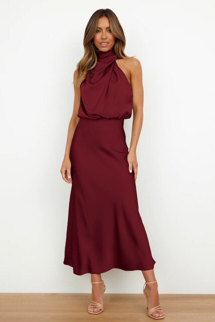 Damen Cocktailkleid Midilänge Satin Riemchen Stil Festlich Elegantes Kleid für Partys und besondere Anlässe-6