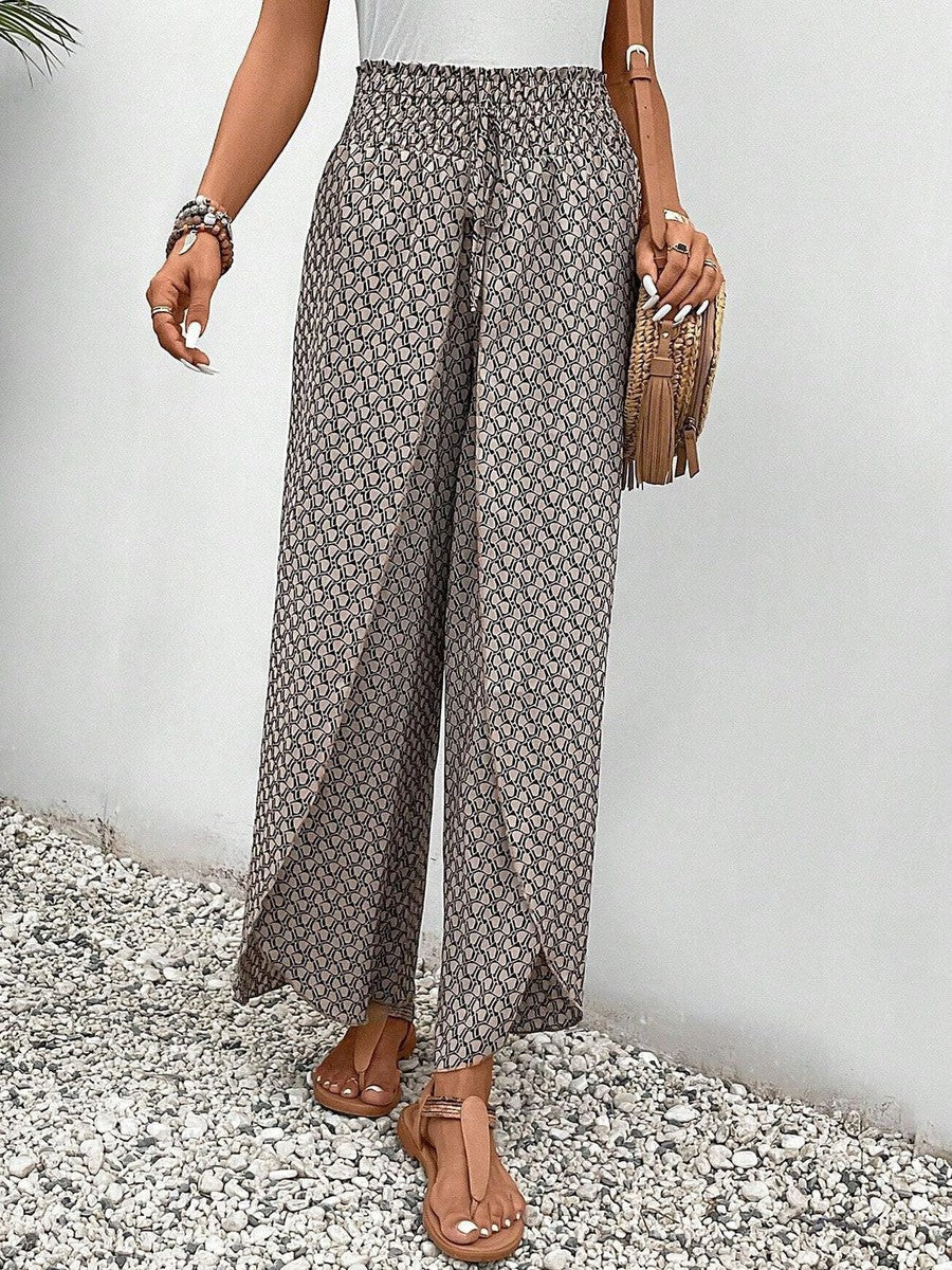 Damen Palazzo Hose Elegant Braun Elastischer Bund mit Kordelzug Weites Bein Sommerhose-3
