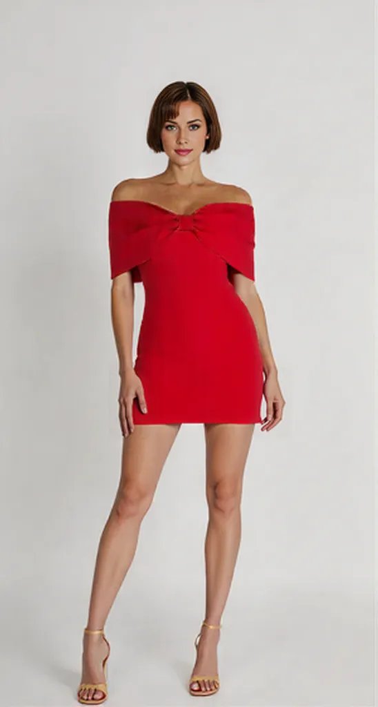 Damenkleid Off-Shoulder Mini mit Bogenakzent Rot Schwarz Weiß Festliche Kleider Größe S M L-3