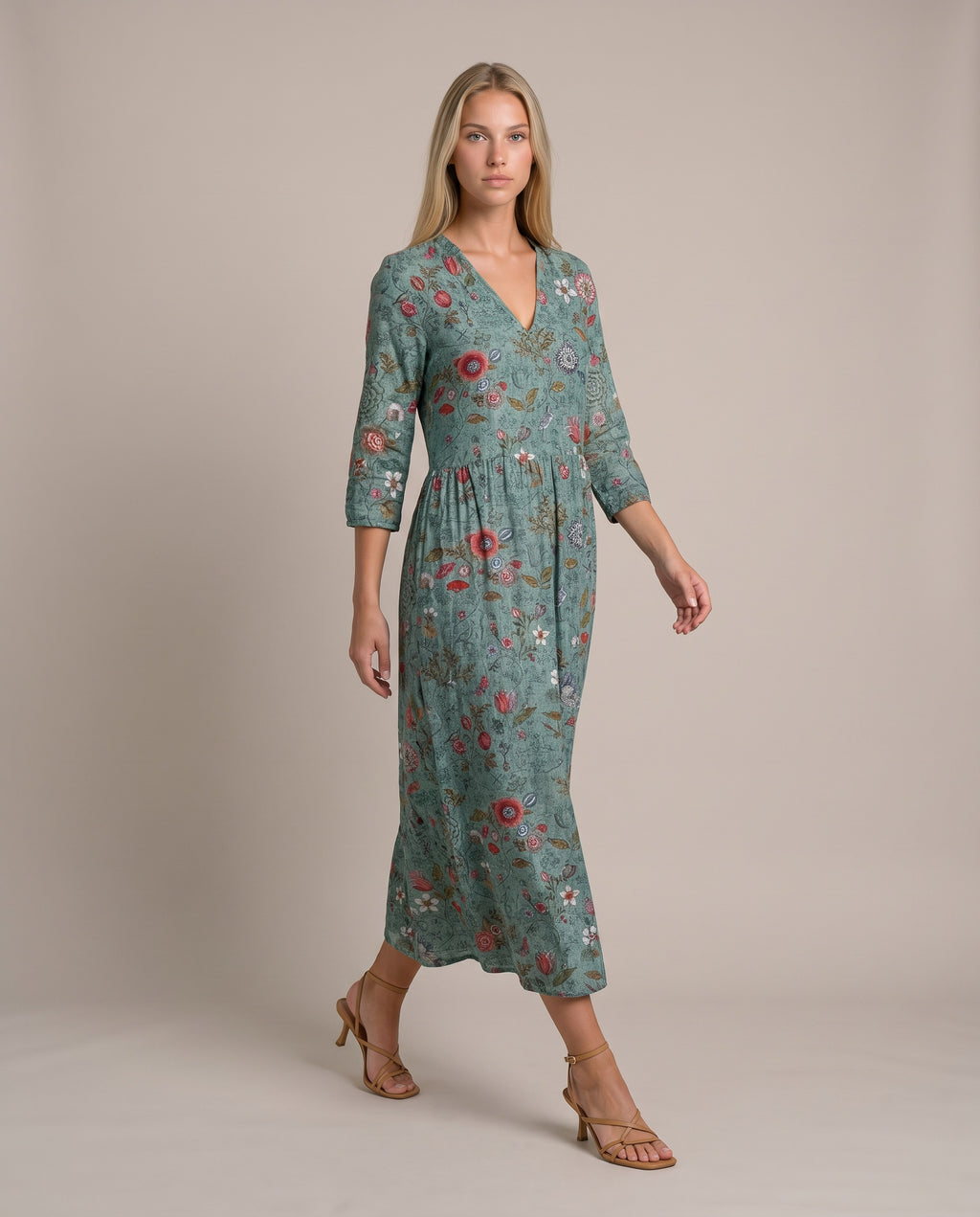 Cella Sommerkleid Grün floral, Damen Maxikleid