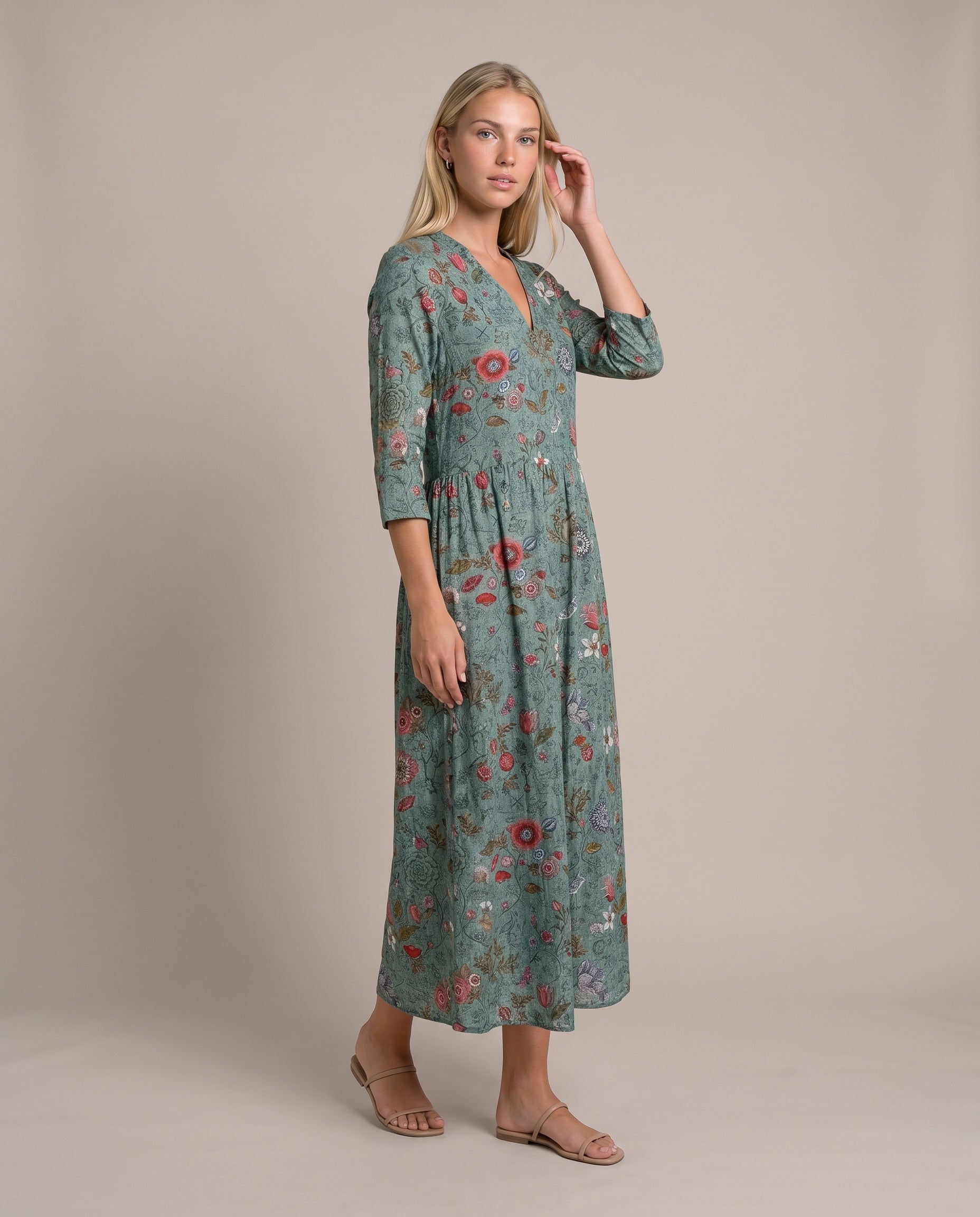Cella Maxikleid Grün, Seitenansicht Damen Sommerkleid