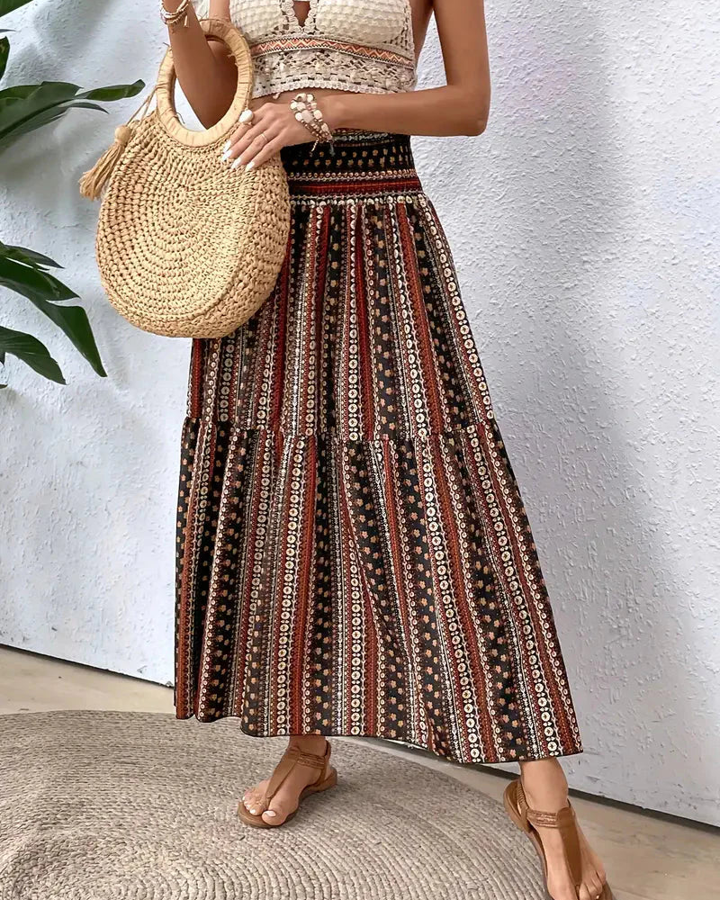 Damen Maxirock Lang Boho Muster Leicht Luftig Elastischer Bund S-3XL-1