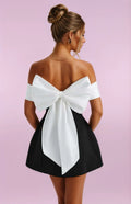 Variant image for Damen Mini Kleid Schwarz Weiß Bardot Ausschnitt Elegantes Sommerkleid für Cocktailpartys-1