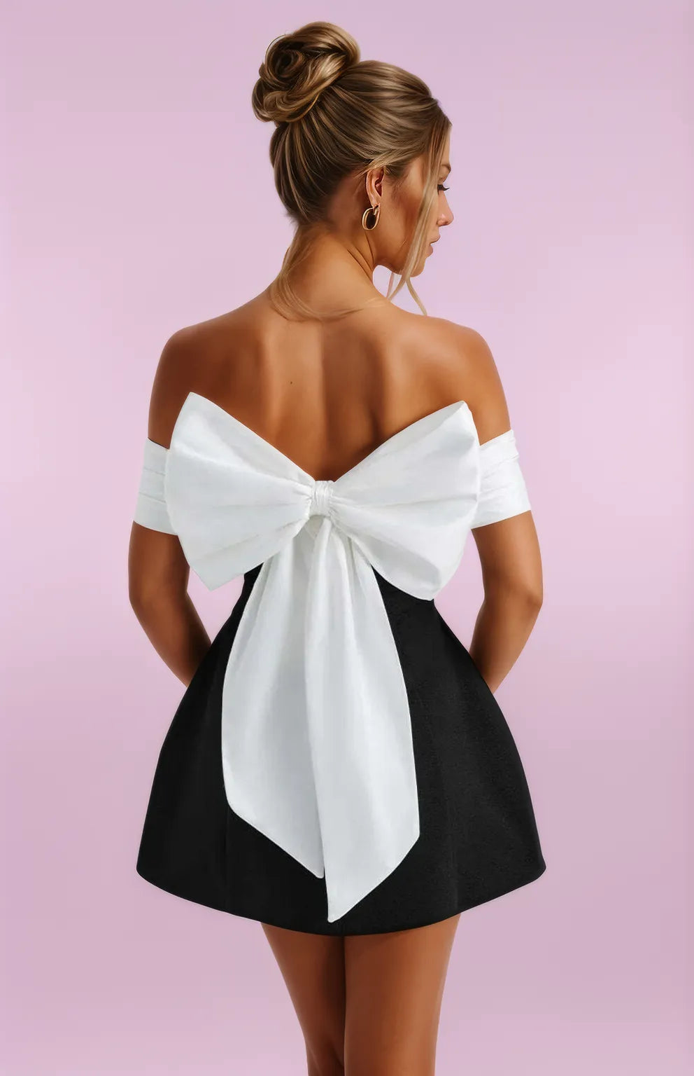Damen Mini Kleid Schwarz Weiß Bardot Ausschnitt Elegantes Sommerkleid für Cocktailpartys-1