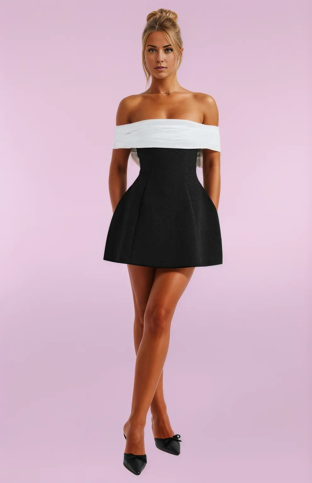 Damen Mini Kleid Schwarz Weiß Bardot Ausschnitt Elegantes Sommerkleid für Cocktailpartys-3
