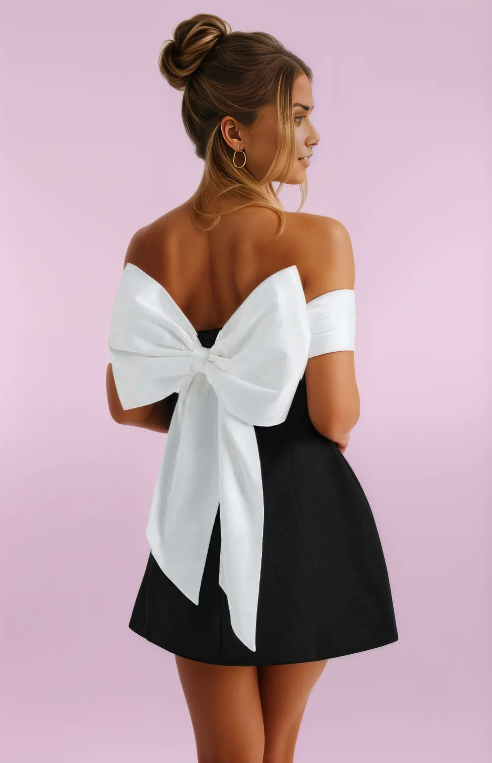 Damen Mini Kleid Schwarz Weiß Bardot Ausschnitt Elegantes Sommerkleid für Cocktailpartys-5