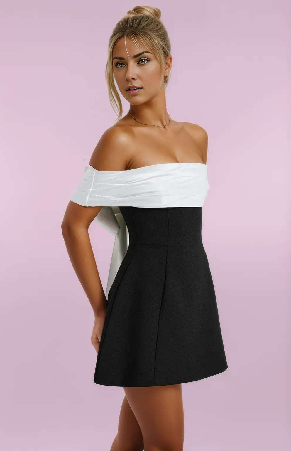 Damen Mini Kleid Schwarz Weiß Bardot Ausschnitt Elegantes Sommerkleid für Cocktailpartys-6