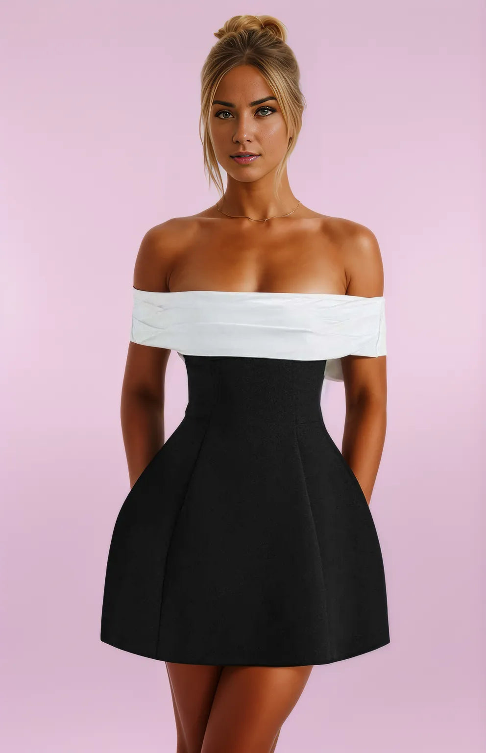 Damen Mini Kleid Schwarz Weiß Bardot Ausschnitt Elegantes Sommerkleid für Cocktailpartys-2