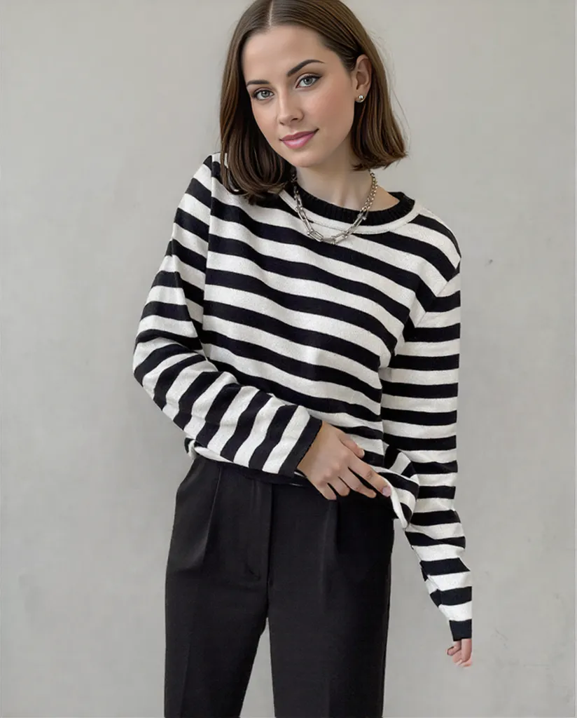 Variant image for Damen Langarm-Top Gestreift Entspanntes Design Atmungsaktiver Stoff S M L-19