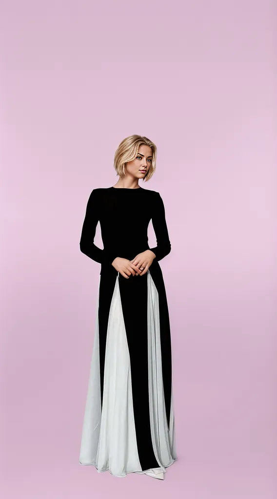 Maxikleid Damen Langarm Schwarz-Weiß Kontrast Elegant Vielseitig-1
