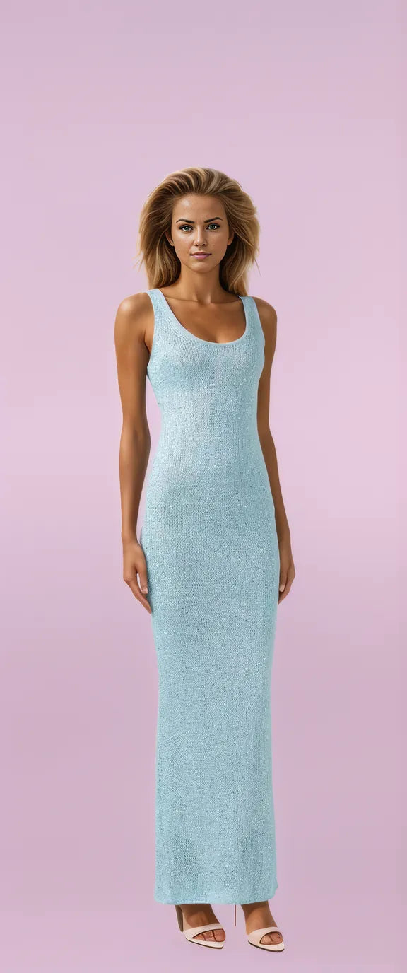 Damen Maxikleid Hellblau Mit Paillettenakzenten Elegante Fließende Silhouette Maxi Länge-1