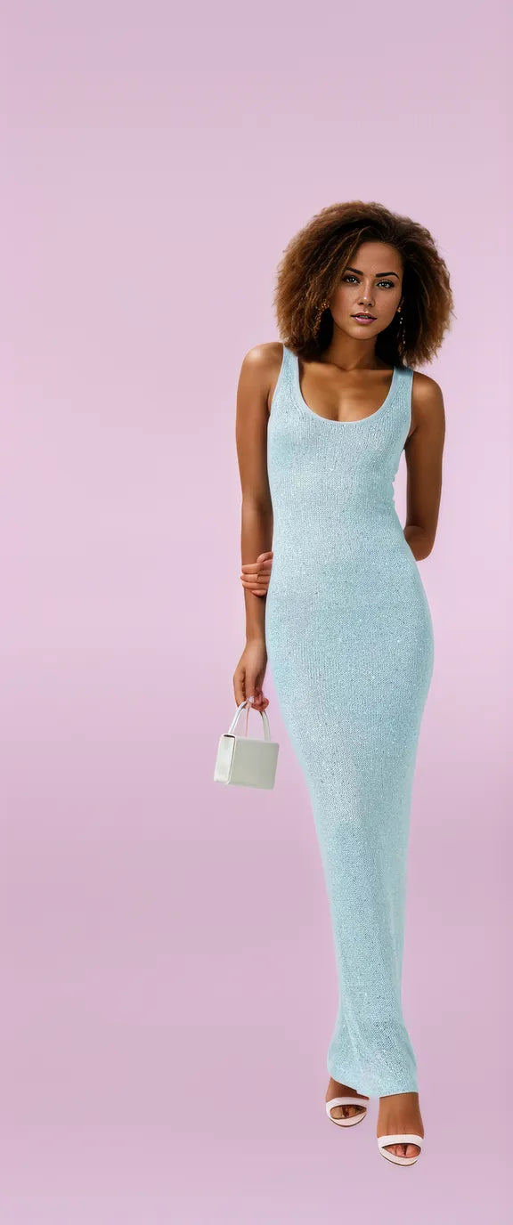 Damen Maxikleid Hellblau Mit Paillettenakzenten Elegante Fließende Silhouette Maxi Länge-2