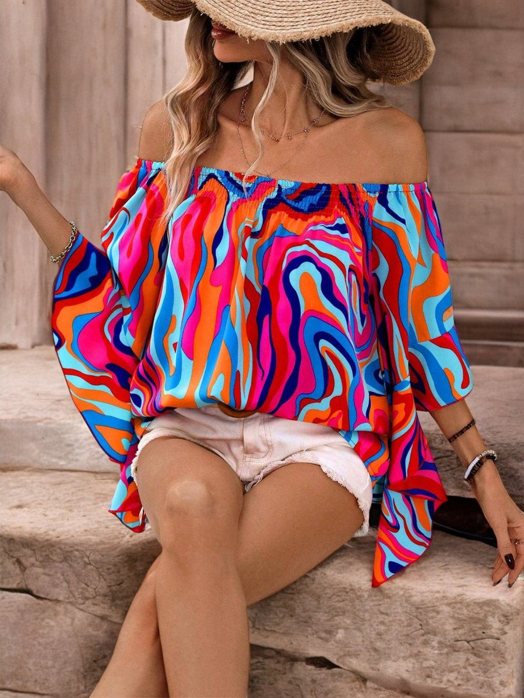 SUNNY ESCAPE – Bedruckte Off-Shoulder Bluse für Sommerlooks