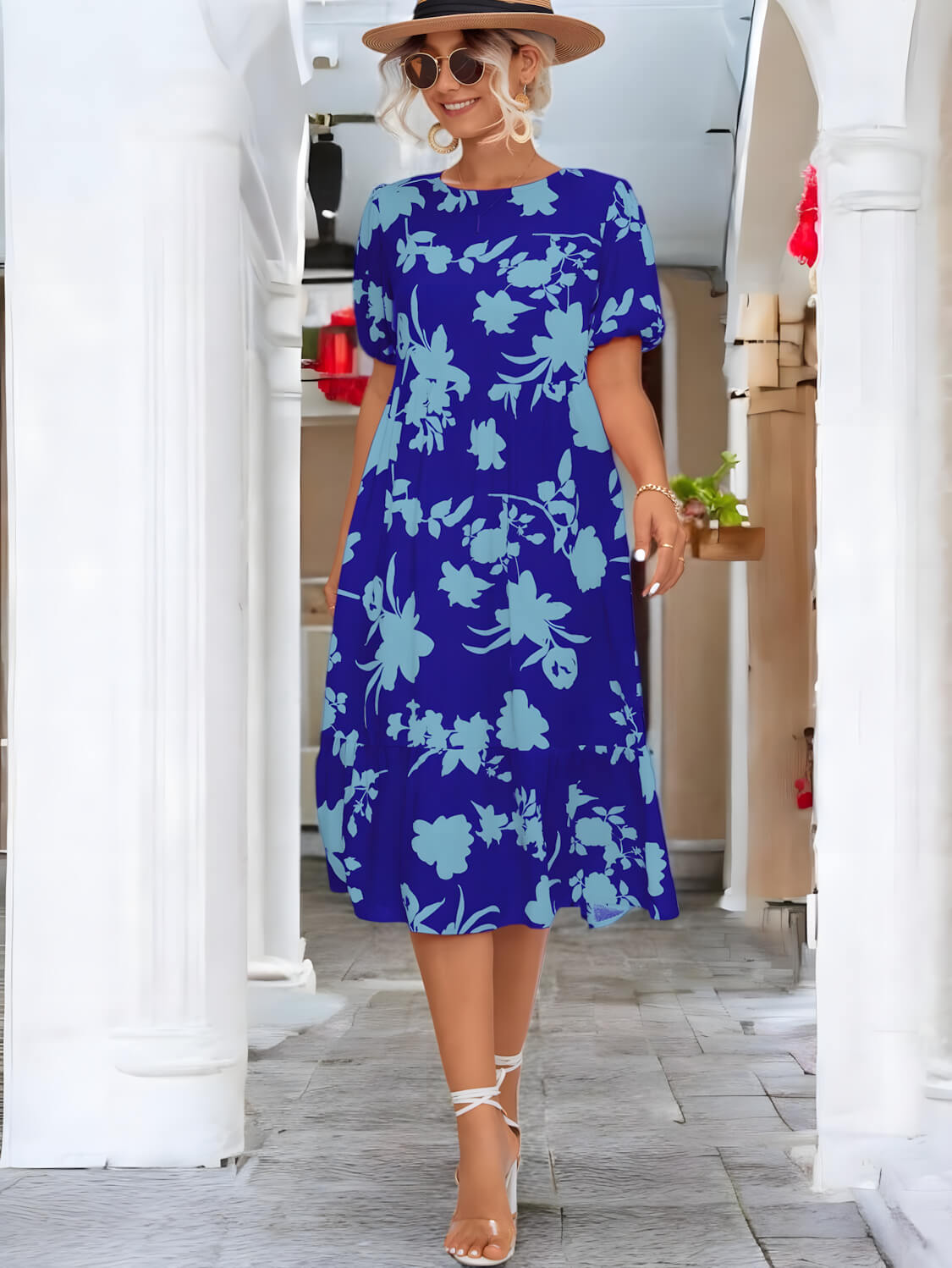 BLOSSOM ELEGANCE – Midi Kleid mit Puffärmeln und Blumenmuster