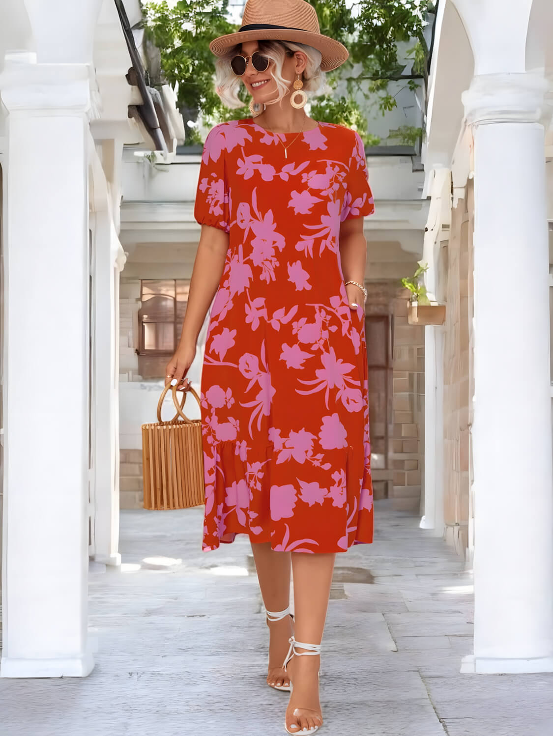 BLOSSOM ELEGANCE – Midi Kleid mit Puffärmeln und Blumenmuster