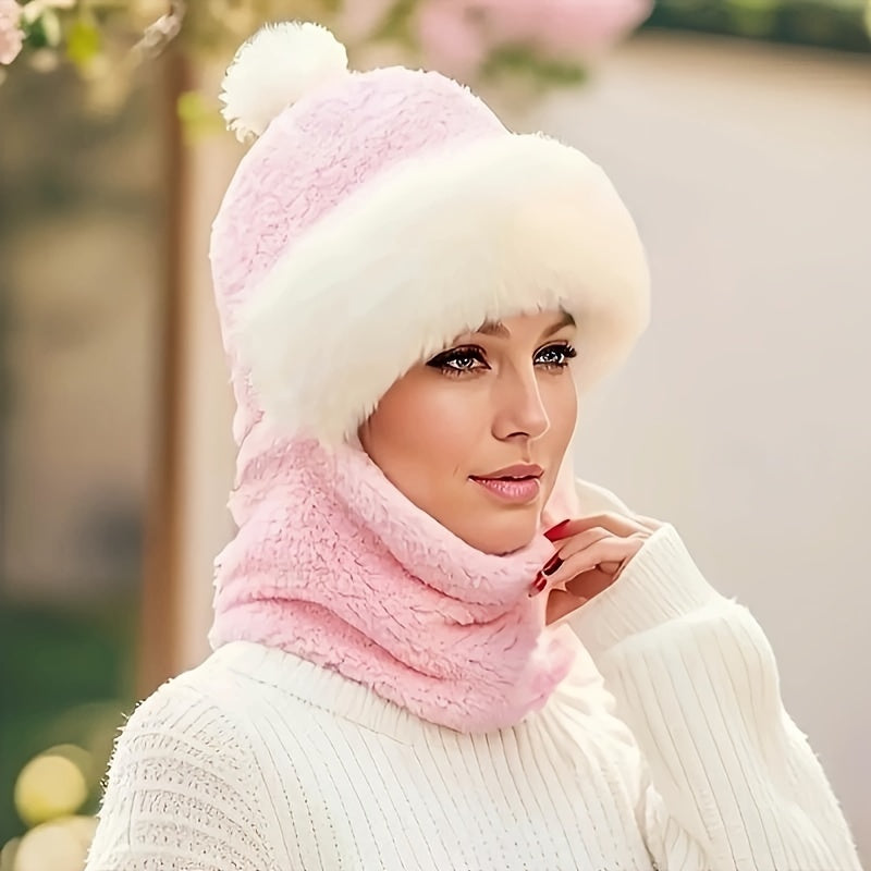 Beige Winter-Fleece-Mütze Set – Flauschiges Beanie mit Schal für Damen