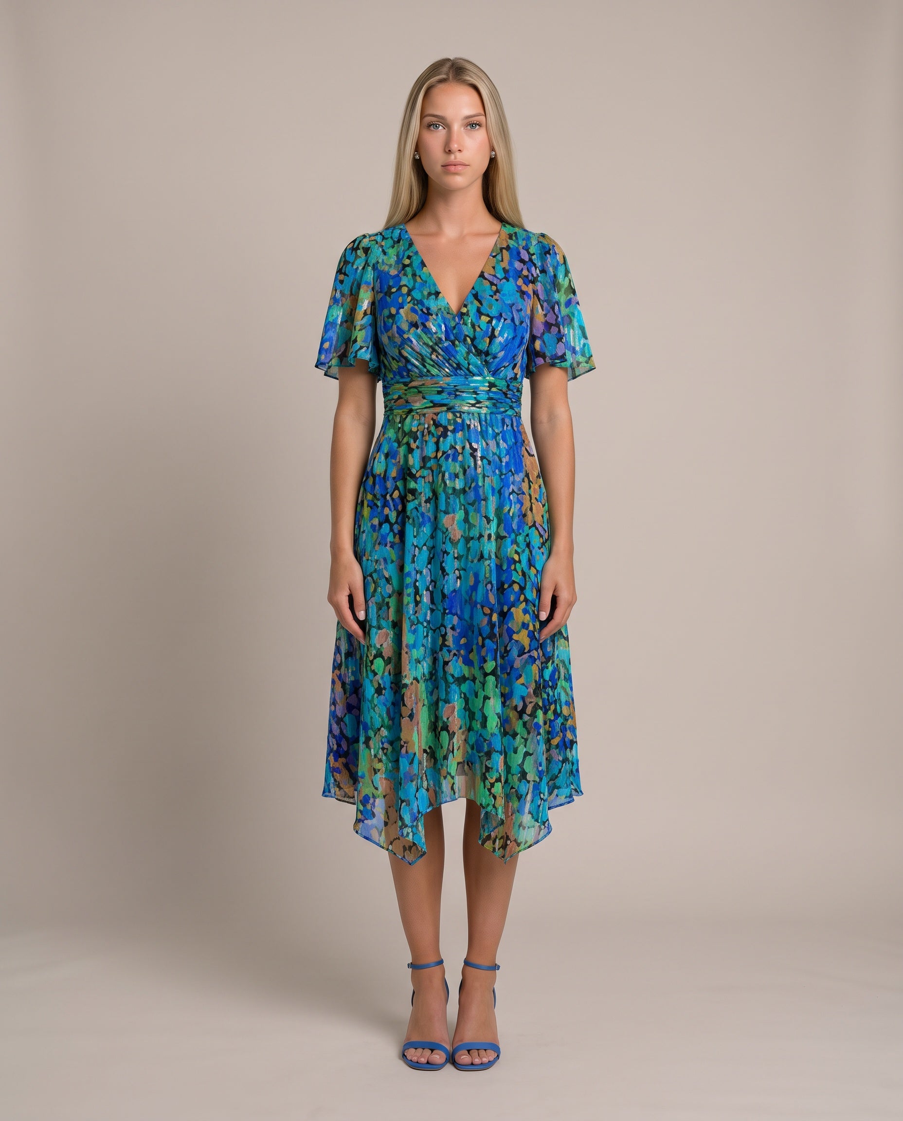Grace Sommerkleid für Damen in Blau, Chiffonkleid mit Blumenmuster